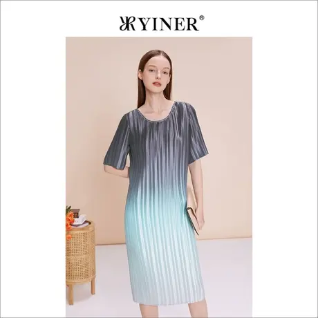 YINER音儿女装夏季女装法式渐变压褶H型质感连衣裙图片