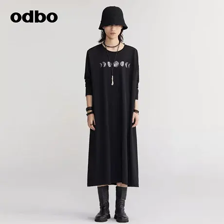odbo/欧迪比欧原创设计主题印花连衣裙女秋装2023新款中长款T恤裙图片