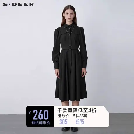 sdeer圣迪奥春秋装休闲收腰压褶通勤黑色衬衫连衣裙S22161201图片