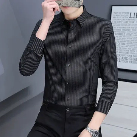 条纹长袖衬衫男士商务正装韩版修身衬衣抗皱黑色春秋季新款寸衫男商品大图