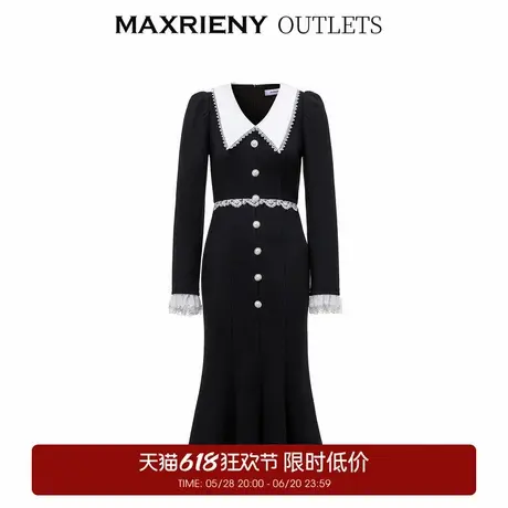 【奥莱】MAXRIENY法式复古翻领鱼尾连衣裙小黑裙修身裙子图片