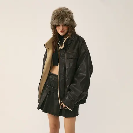美式复古PU皮棉服女冬季加厚羊羔毛外套2023新款潮牌宽松保暖棉衣图片