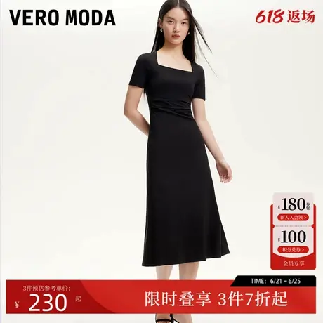 Vero Moda连衣裙2025春季新款含棉莫代尔收褶修身方领法式小黑裙图片