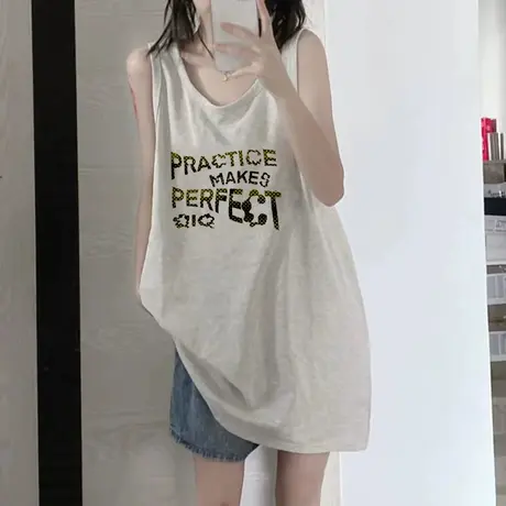 美式复古纯棉吊带运动坎肩背心无袖t恤女夏季外穿宽松篮球服上衣图片