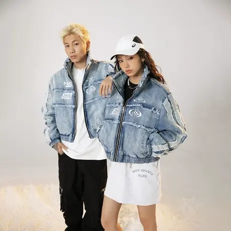 美式复古短款牛仔棉服女冬季加厚外套2023新款街头潮牌情侣装棉衣图片