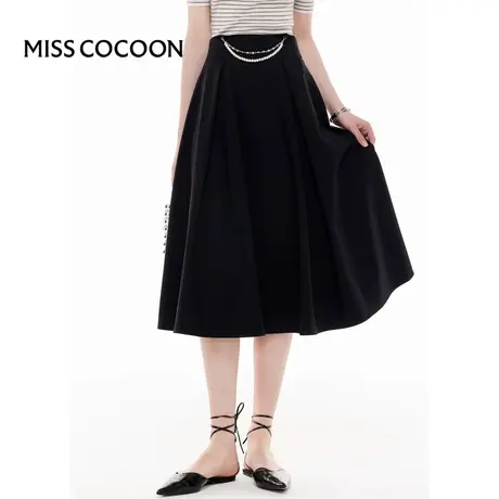 可可尼COCOON2025夏季新款高腰气质显瘦黑色大摆A字半身裙裙子女图片