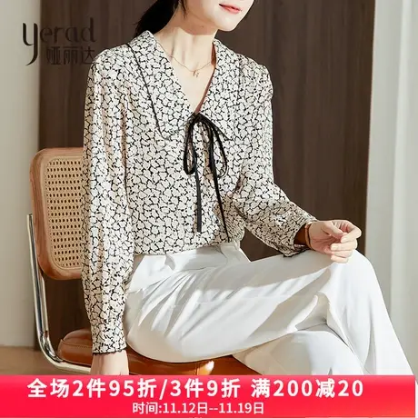 娅丽达衬衫女2023年春季新款设计感娃娃领蝴蝶结小衫宽松碎花衬衣图片