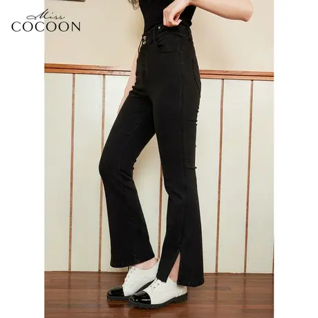 MISSCOCOON黑色牛仔裤女2023新款春秋高腰修身开叉时尚微喇长裤子图片