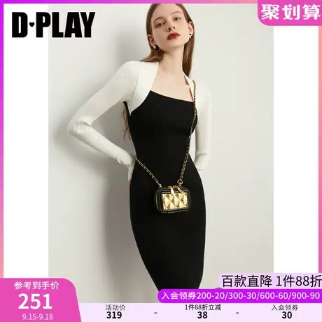 DPLAY秋装装新款复古美背梯形领设计黑白拼色针织连衣裙图片