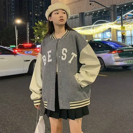唐狮2023秋冬季新款pu皮棒球服女美式设计感超好看飞行员夹克上衣图片
