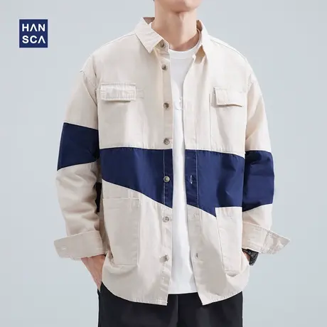 hansca宽松休闲衬衫男高级感秋季新款潮流时尚拼接复古纯棉外套男图片