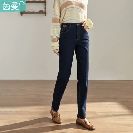 【商场同款】茵曼秋女装新款趣味后袋品牌金属线绣花牛仔裤图片