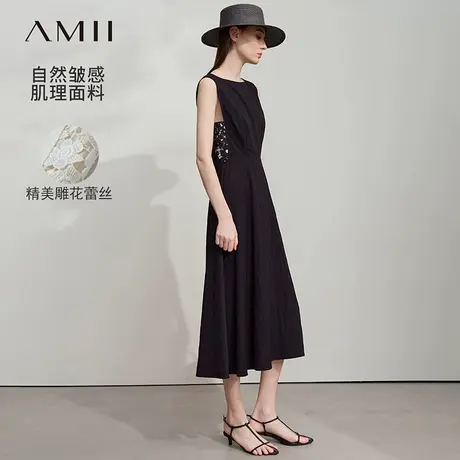 Amii2025夏新款优雅通勤风一字领拼蕾丝收腰连衣裙女无袖小黑裙图片