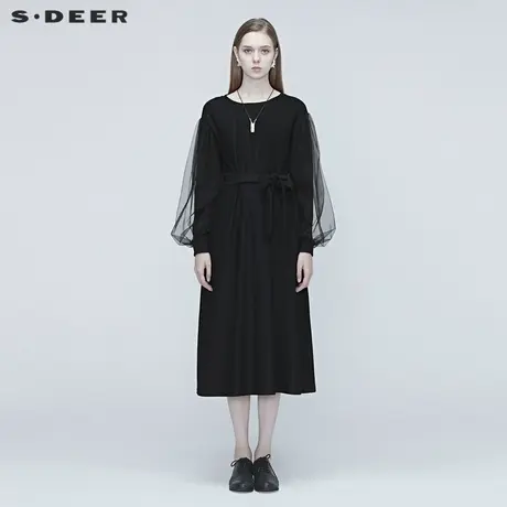 【直播间秒杀专属】sdeer圣迪奥休闲圆领网纱收腰连衣裙S20381226图片
