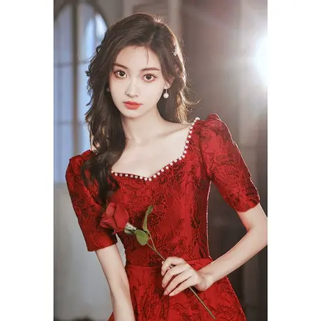 敬酒服新娘夏季酒红色结婚订婚回门礼服连衣裙夏款高级感蕾丝高端图片
