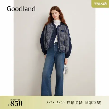 Goodland美地秋季色织粗花呢华夫格小香风羽绒服外套图片