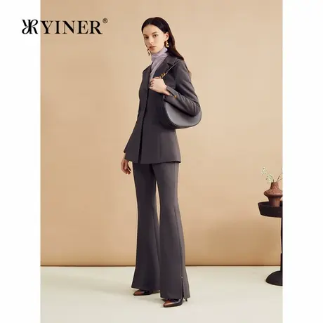 YINER音儿秋季通勤OL高纱织真丝羊毛混纺高腰喇叭西装裤图片