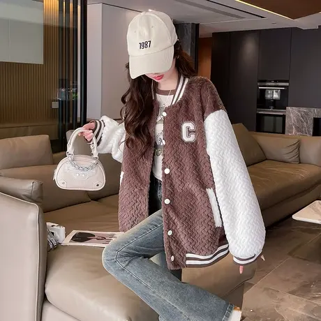 唐狮棒球服外套女仿兔毛2024冬季新款高级感仿麂皮绒毛毛上衣加厚图片