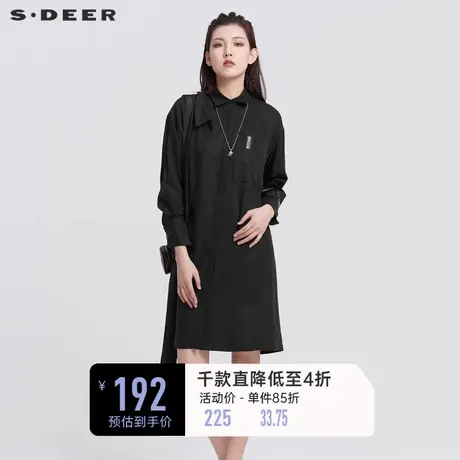 sdeer圣迪奥春秋装装翻领拼接设计感黑色衬衫连衣裙S22181221图片