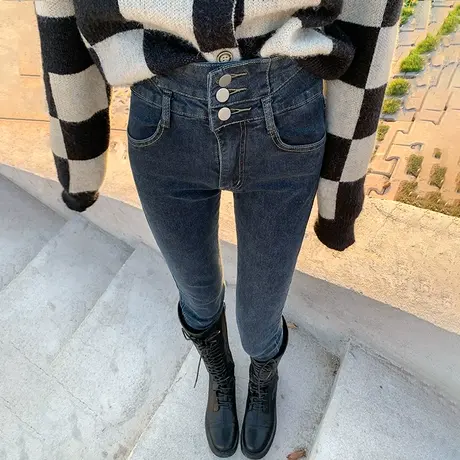 高腰加绒牛仔裤女2023年新款秋冬春秋显瘦显高排扣紧身小脚裤子潮图片