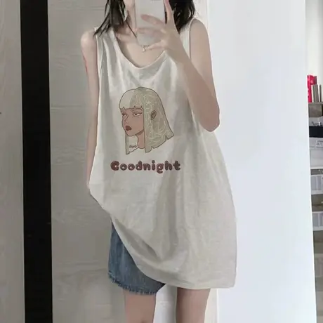 美式复古纯棉吊带运动坎肩背心无袖t恤女夏季外穿宽松篮球服上衣图片
