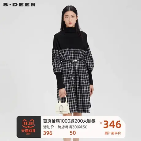 sdeer圣迪奥女装复古高领格纹收腰针织连衣裙S224Z1215图片