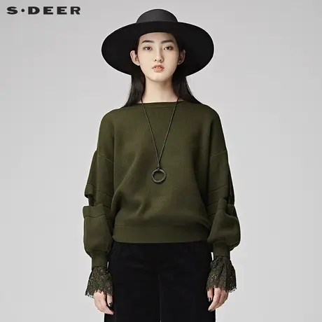 sdeer圣迪奥17冬装新品军绿蕾丝拼接灯笼袖针织衫毛衣女S17463595图片