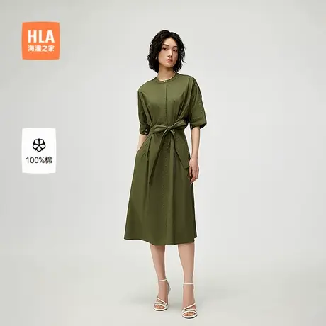 HLA/海澜之家时尚通勤短袖连衣裙25春夏新纯棉腰带设计优雅裙女装图片