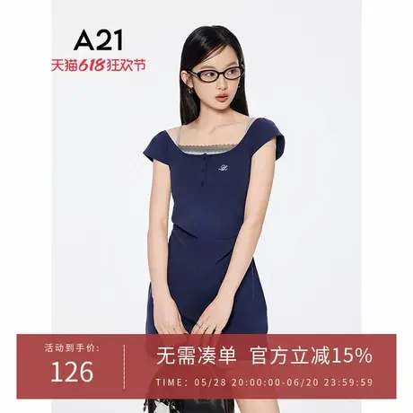 A21女装圆领露背假两件连衣裙2025夏新款简约高腰A字裙F452237014图片