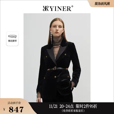 YINER音儿女装春季腰带金属扣单排扣西装领短外套图片