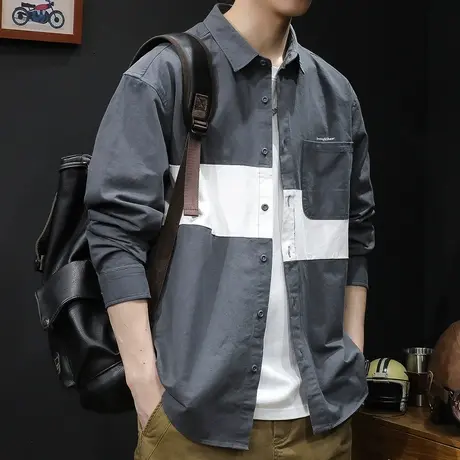 拼接撞色衬衣外套男士衬衫长袖男休闲春秋2024新款春季衬衫男美式图片