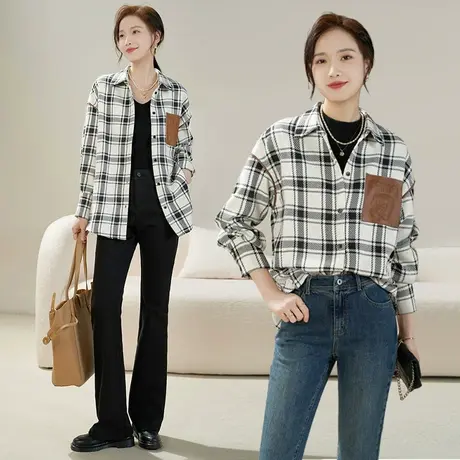 娅丽达设计感格纹宽松衬衫女春季2025新款女装美式复古显图片