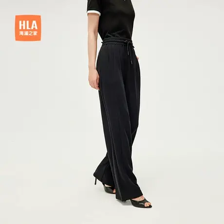 HLA/海澜之家弹力黑色休闲裤25春夏新款松紧腰系带显瘦直筒裤女装图片