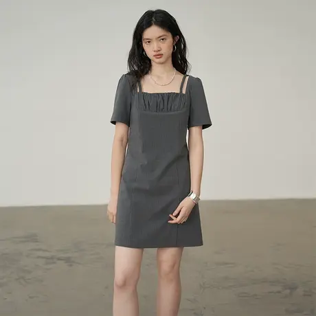 omont蛋挞家复古方领假两件连衣裙女夏小个子收腰短袖a字裙女短裙图片