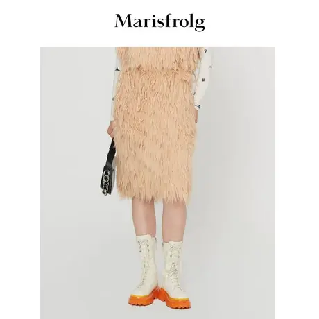 Marisfrolg玛丝菲尔冬季新款藕粉色仿皮草包臀半身裙女图片