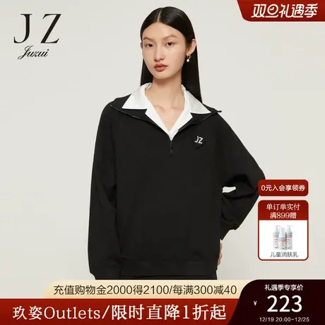 JZ玖姿插肩袖黑色长袖卫衣女装2022秋季新款翻领小众设计感上衣图片