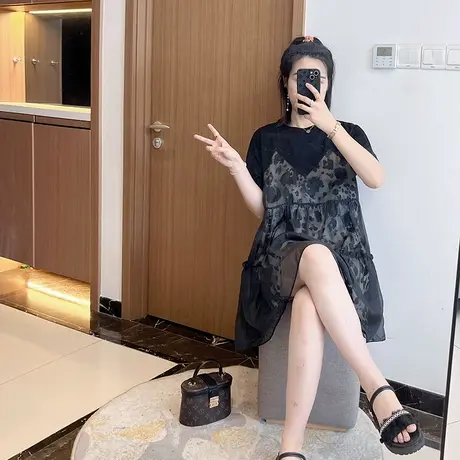 微胖a字假两件减龄遮肚子2025年新款夏装大码女装胖mm显瘦洋气图片