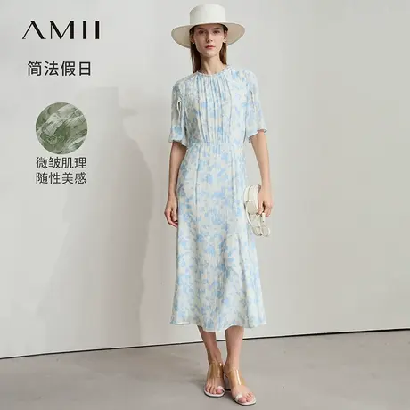Amii2025夏新款极简合体长款无弹短袖印花微皱肌理薄雪纺连衣裙图片