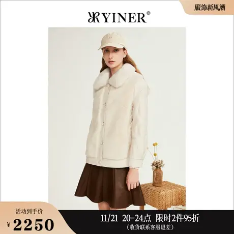 YINER音儿线上专选女装冬季毛领拼接羊皮真皮轻薄白鸭绒羽绒服图片