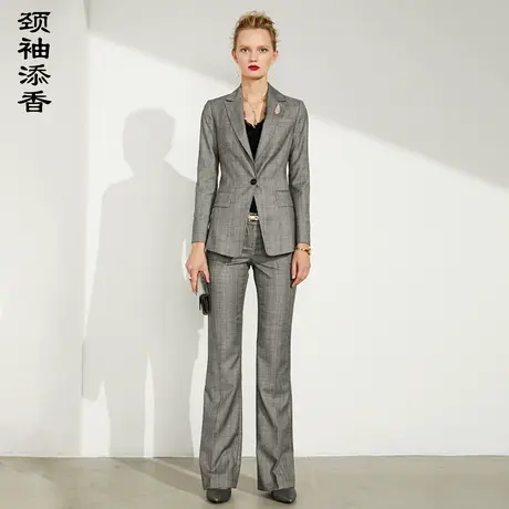 颈袖添香2023春秋格纹气质OL职业装时尚修身商务正装羊毛女图片