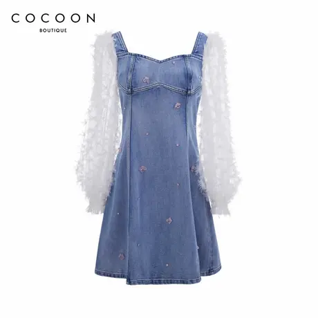 商场同款 可可尼COCOON秋秋款手工钉珠装饰蕾丝拼接牛仔连衣裙女图片