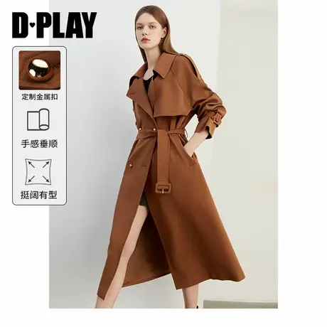 DPLAY2025年春季新款气质焦糖色风衣外套女休闲宽松长款翻领大衣图片