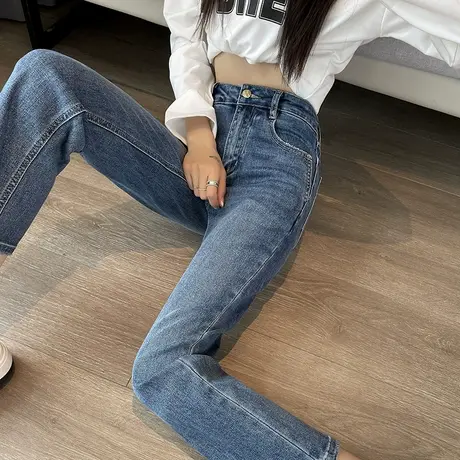蓝色窄版直筒牛仔裤女2024秋季新款高腰修身显瘦九分小个子烟管裤图片