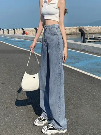 清仓捡漏高腰阔腿裤牛仔裤女春秋2023年新款宽松显瘦垂感拖地裤图片