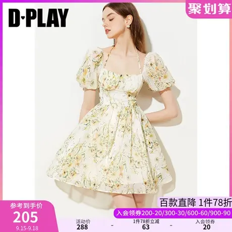 DPLAY夏新温柔气质奶杏仙踪泡泡袖挂脖系带大摆沙滩裙图片