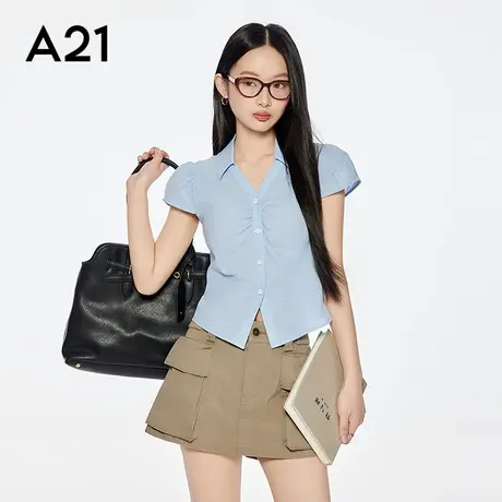 A21女装粉蓝翻领包袖衬衫简约设计感单排扣短款上衣图片