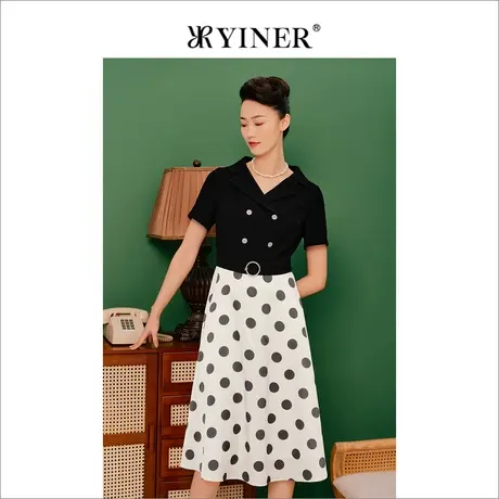 【1996系列】YINER音儿女装夏季复古翻领拼接黑白波点连衣裙图片