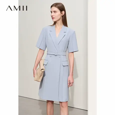 Amii2025夏新款翻驳领垫肩配腰带西装裙短袖连衣裙女牙签褶裙子图片
