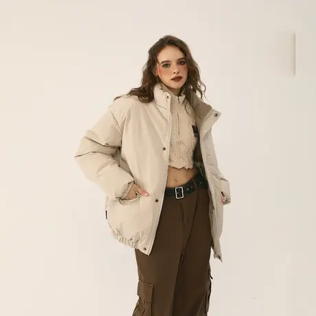 复古纯色立领棉服女冬季加厚外套2023新款美式潮牌宽松面包服棉衣图片