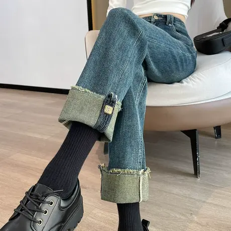 复古高腰直筒牛仔裤女2023春秋新款宽松显瘦卷边九分小个子烟管裤图片